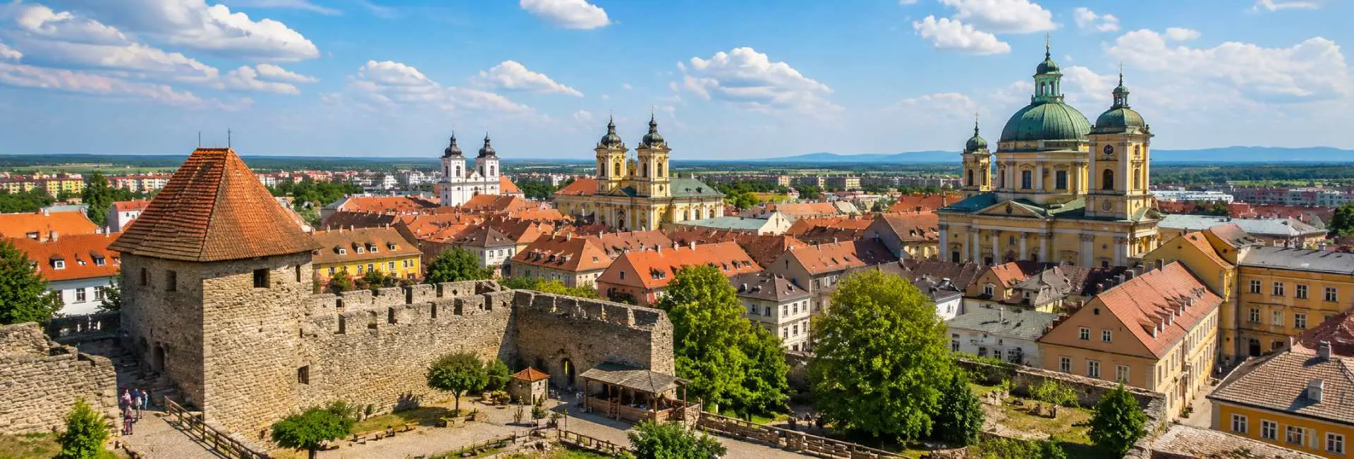 Eger Castle overlooking the historic old town and Baroque landmarks in Eger, Hungary