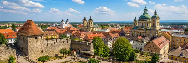 Eger Castle overlooking the historic old town and Baroque landmarks in Eger, Hungary