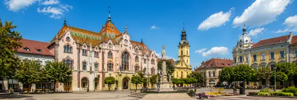 Kecskemét, Hungary city centre with ornate Art Nouveau architecture and historic square