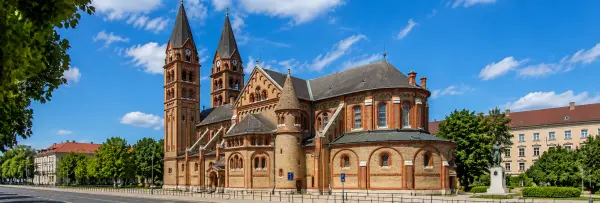 Nyíregyháza Basilica with twin clock towers and Romanesque-style brick architecture in Hungary