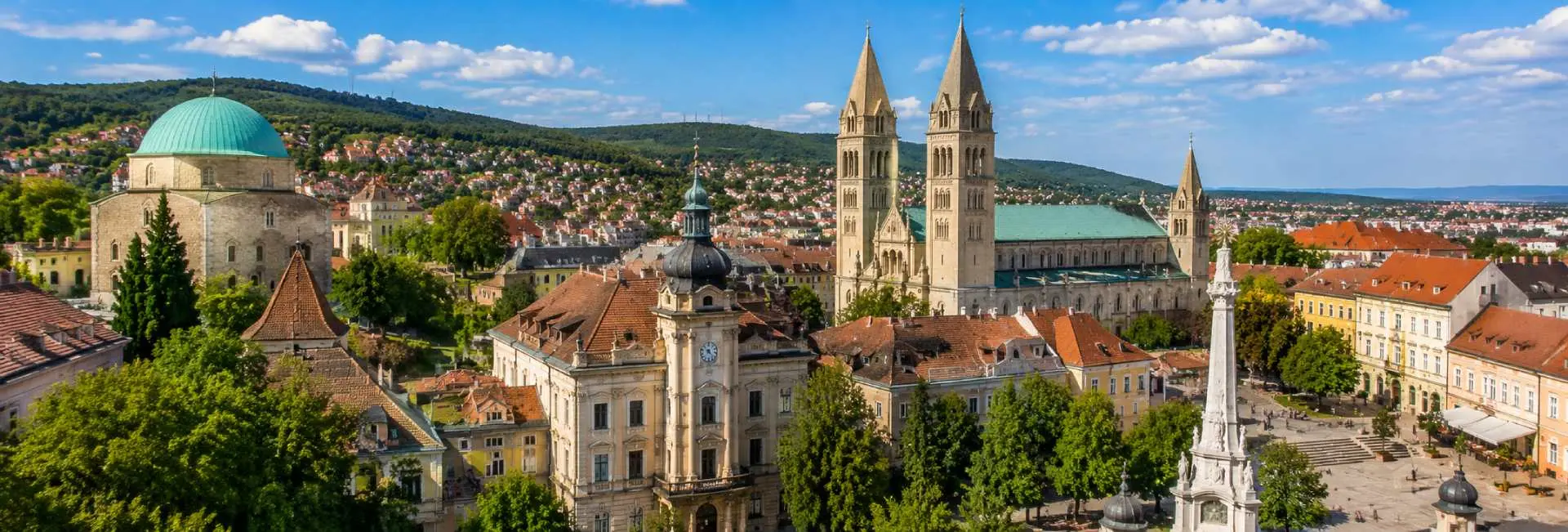 Pécs Cathedral and historic city center with the Mecsek hills in Pécs, Hungary