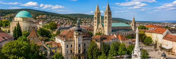 Pécs Cathedral and historic city center with the Mecsek hills in Pécs, Hungary