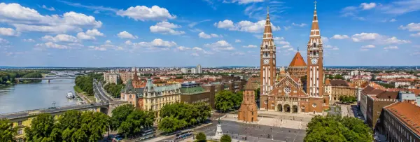 Votive Church and historic city center overlooking the Tisza River in Szeged, Hungary