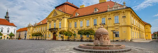 Székesfehérvár historic Baroque palace and fountain in the city centre, Hungary