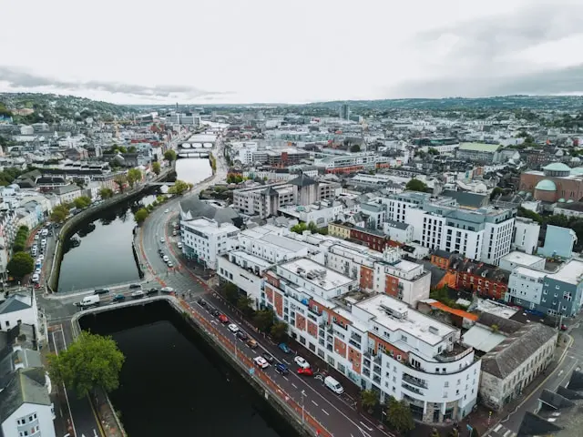 Aerial view of Cork city with the River Lee winding through the urban landscape