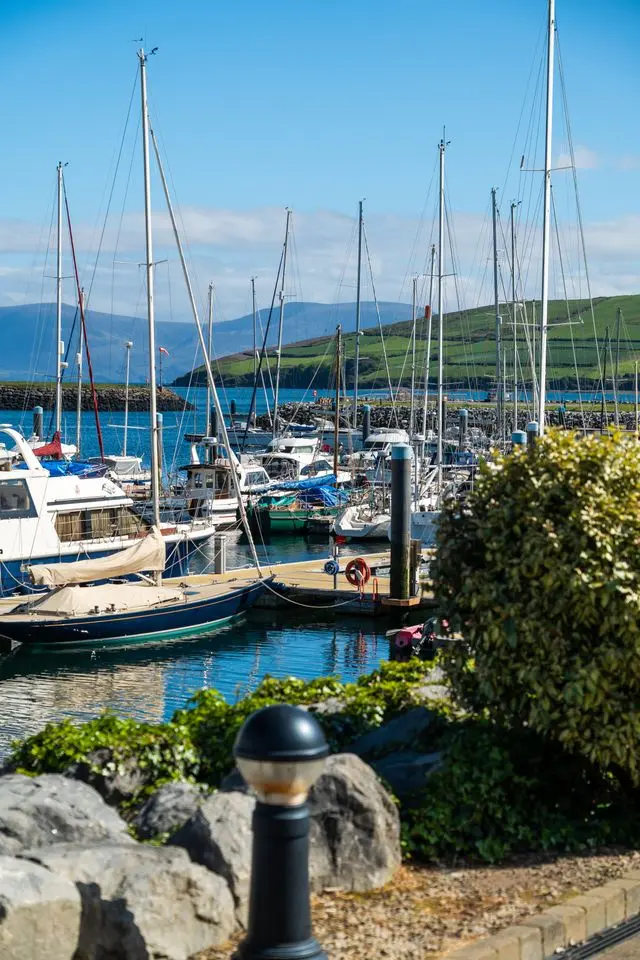 Dingle Harbour in Ireland with sailboats, colorful boats, and green hills in the background