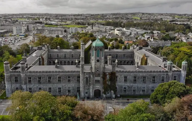 Aerial view of Galway Cathedral with its distinctive green dome and Gothic-style architecture