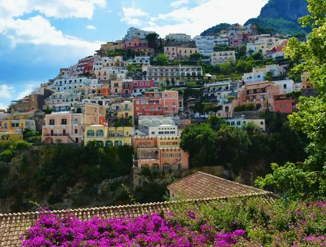Colorful hillside houses overlooking the sea in Positano, Amalfi Coast
