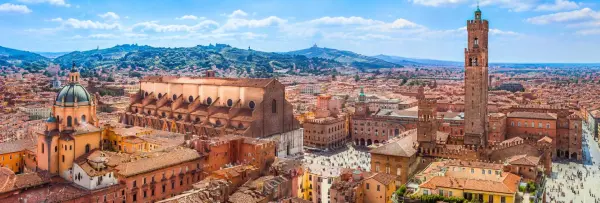 Bologna, Italy panoramic view of Piazza Maggiore, historic rooftops and medieval Two Towers