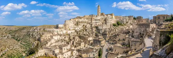Matera, Italy with ancient stone houses, hillside caves and historic architecture