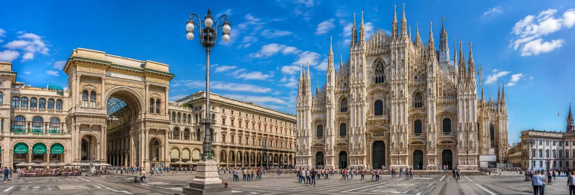 Milan, Italy panoramic view of Piazza del Duomo and the magnificent Milan Cathedral