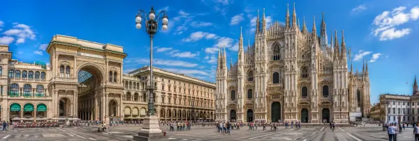 Milan, Italy panoramic view of Piazza del Duomo and the magnificent Milan Cathedral