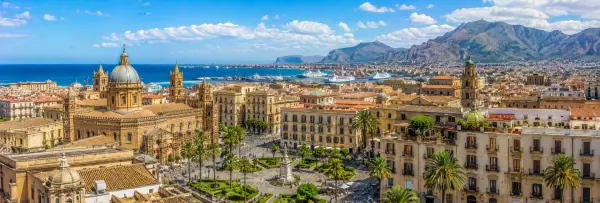 Palermo, Italy panoramic view of Palermo Cathedral, historic center, Mediterranean Sea and mountains