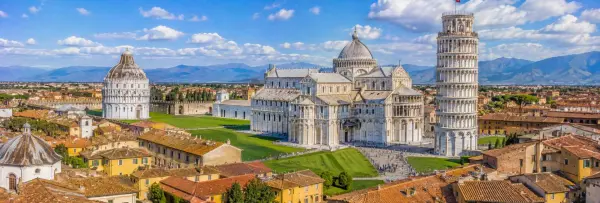 Pisa, Italy panoramic view of the Leaning Tower, Cathedral and Baptistery at Piazza dei Miracoli
