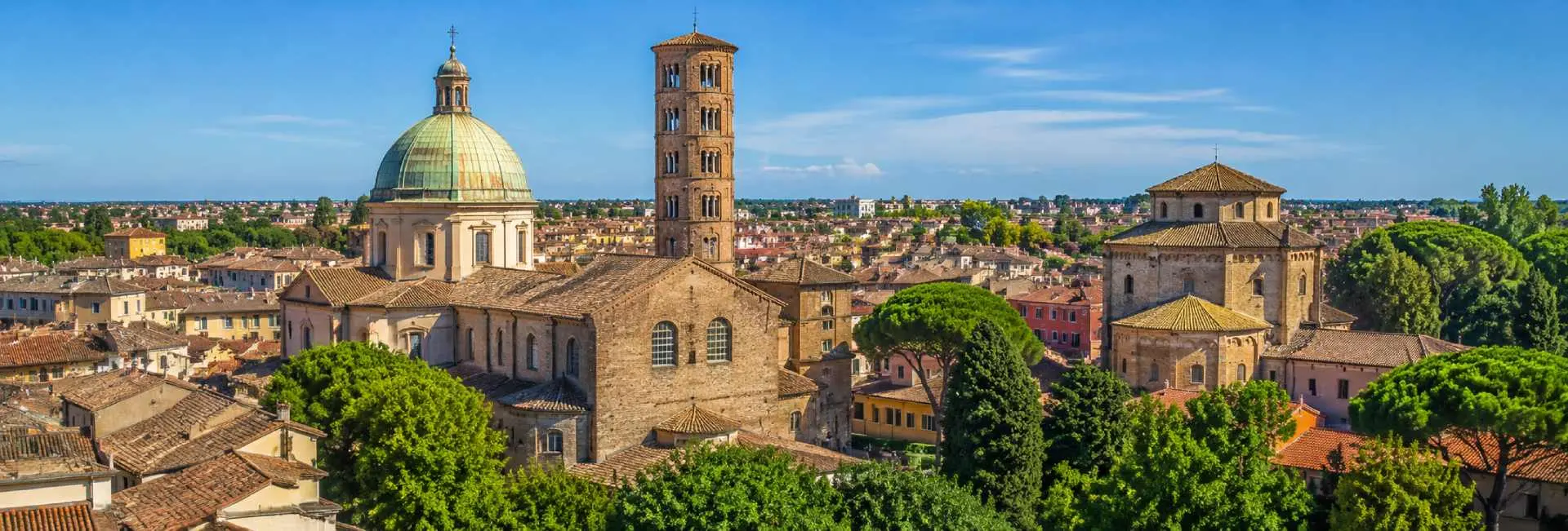 Ravenna, Italy historic skyline with Byzantine churches, bell towers and terracotta rooftops