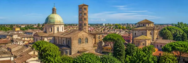Ravenna, Italy historic skyline with Byzantine churches, bell towers and terracotta rooftops
