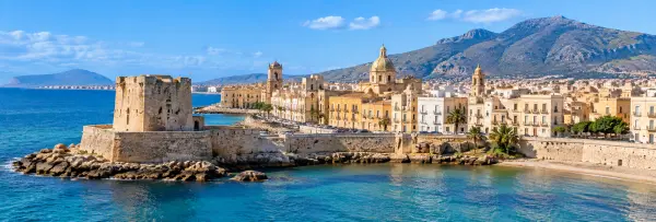 Trapani, Sicily, with Torre di Ligny, historic waterfront buildings and Monte Erice