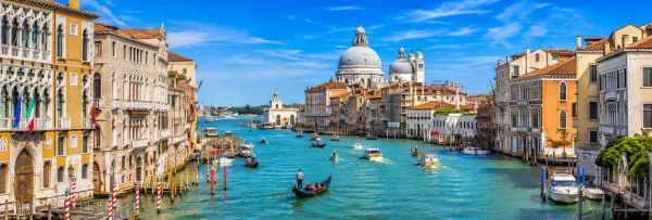 Venice, Italy panoramic view of the Grand Canal with gondolas and historic palazzos