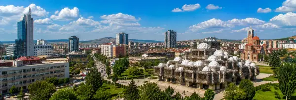 Panoramic view of Pristina, Kosovo, with the National Library and city skyline