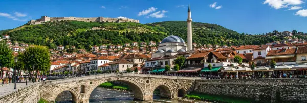 Panoramic view of Prizren, Kosovo, with the Stone Bridge, Sinan Pasha Mosque and Prizren Fortress