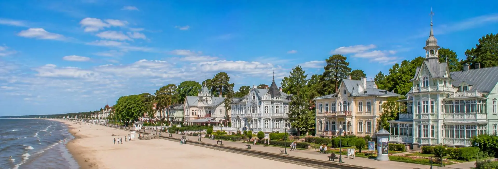 Jūrmala, Latvia, with sandy beach and historic wooden seaside villas