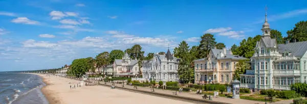 Jūrmala, Latvia, with sandy beach and historic wooden seaside villas