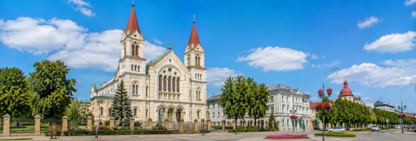 St. Joseph Cathedral in Liepāja, Latvia, with historic city buildings