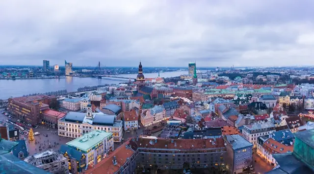 Aerial panoramic view of Riga Old Town and the Daugava River in Latvia