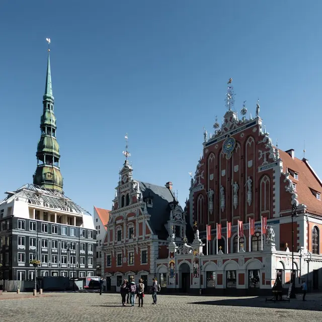 Historic House of the Blackheads and ornate buildings in Riga Old Town, Latvia