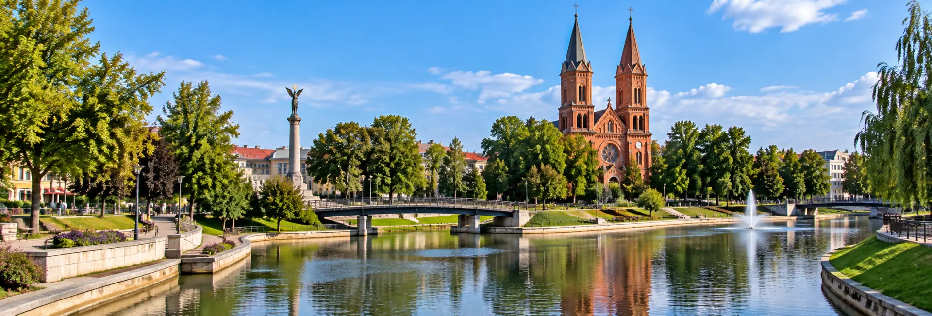 Senvagė in Panevėžys, Lithuania, with the old riverbed, fountain, park and red-brick church