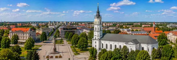 Šiauliai panoramic view with cathedral, central square, historic buildings and city skyline