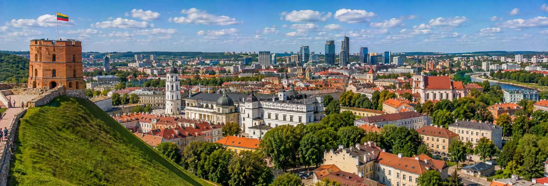Vilnius panoramic view with Gediminas Tower, Old Town, Neris River and modern skyline