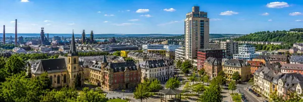 Esch-sur-Alzette panoramic city view with historic buildings, church and industrial heritage