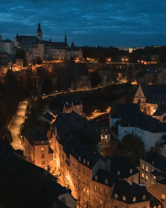 Luxembourg City at night with illuminated streets
