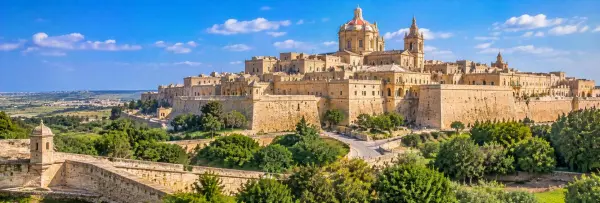 Mdina fortified old city with St. Paul’s Cathedral and limestone walls in Malta