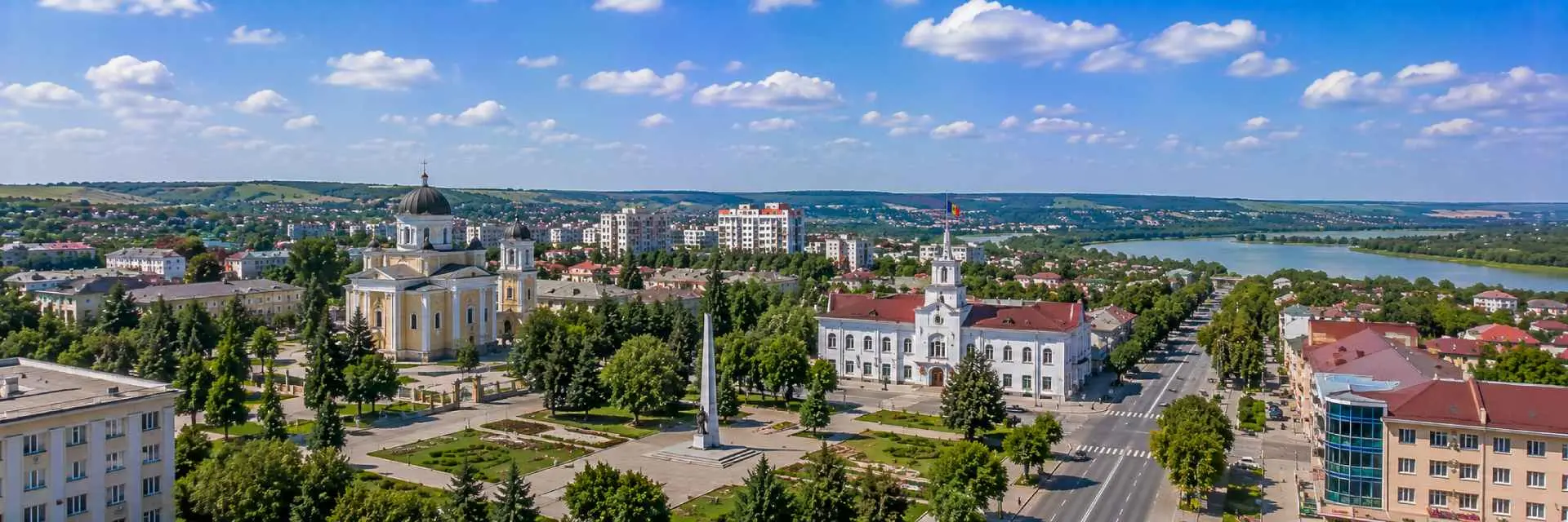 Cahul panoramic view with historic churches, city center, parks and green countryside