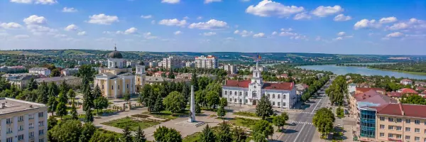 Cahul panoramic view with historic churches, city center, parks and green countryside