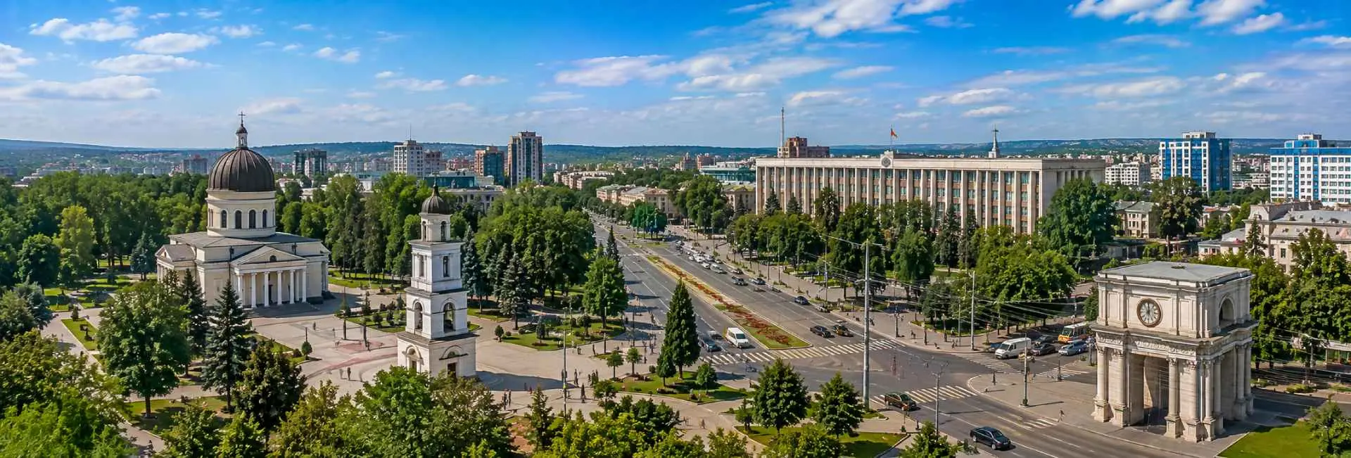 Chișinău panoramic view with cathedral, Triumphal Arch, parks and city skyline