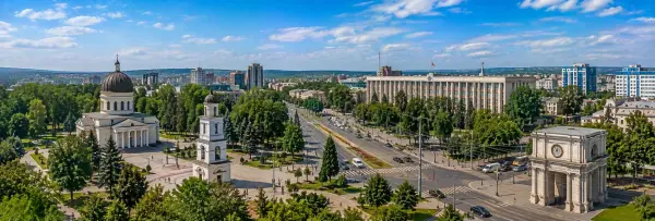 Chișinău panoramic view with cathedral, Triumphal Arch, parks and city skyline