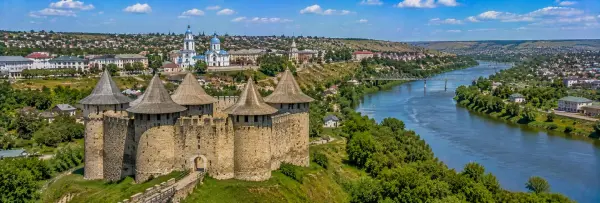 Soroca Fortress overlooking the Dniester River and surrounding hills in Moldova