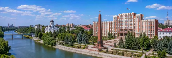 Tiraspol panoramic view with Dniester River, Orthodox church, monuments and city skyline
