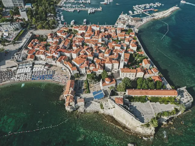 Aerial view of Budva Old Town and its historic walls on the Adriatic coast