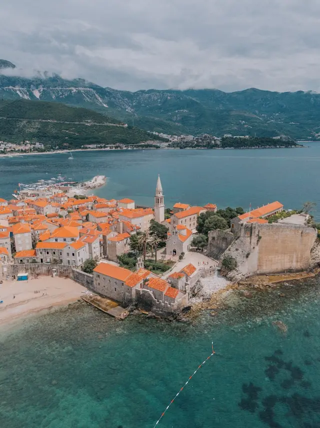 Aerial view of Budva Old Town and surrounding Adriatic coastline in Montenegro