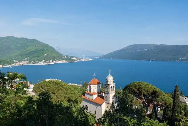 Bay of Kotor viewed from Herceg Novi with a historic church in the foreground