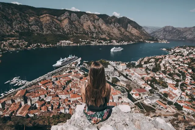 Panoramic view of Kotor Old Town and Bay of Kotor from the mountains in Montenegro