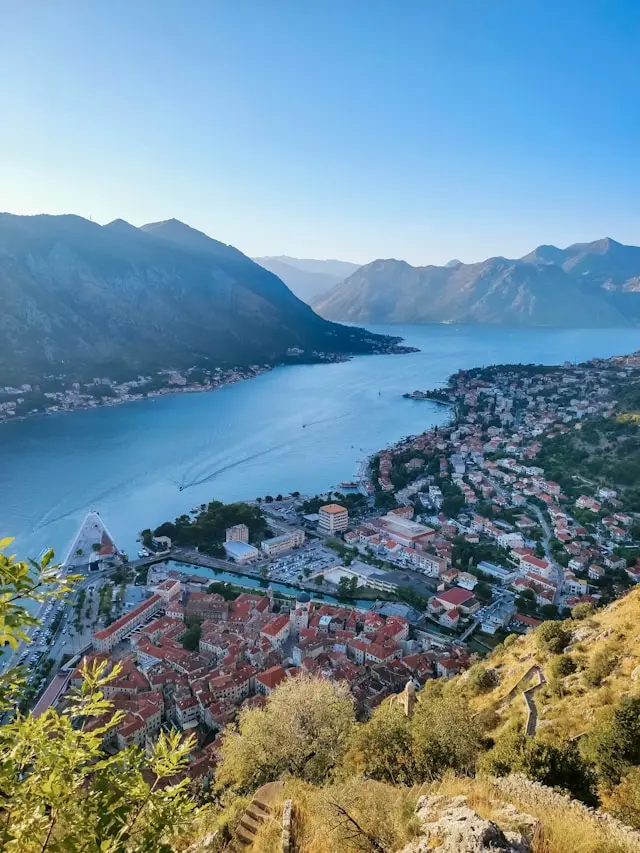 Panoramic view of Kotor and the Bay of Kotor surrounded by mountains
