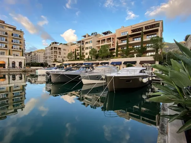 Luxury yachts and waterfront buildings at Porto Montenegro in Tivat