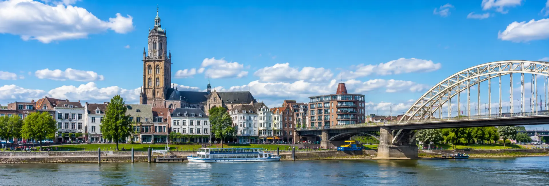 Arnhem, Netherlands skyline with the Eusebius Church, Rhine waterfront and John Frost Bridge
