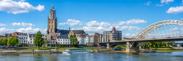 Arnhem, Netherlands skyline with the Eusebius Church, Rhine waterfront and John Frost Bridge