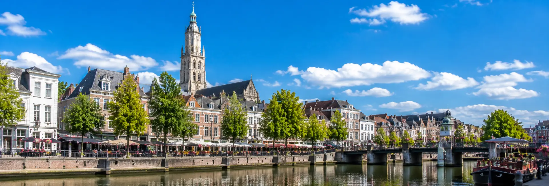 Breda, Netherlands skyline with the Grote Kerk, historic buildings and canal waterfront
